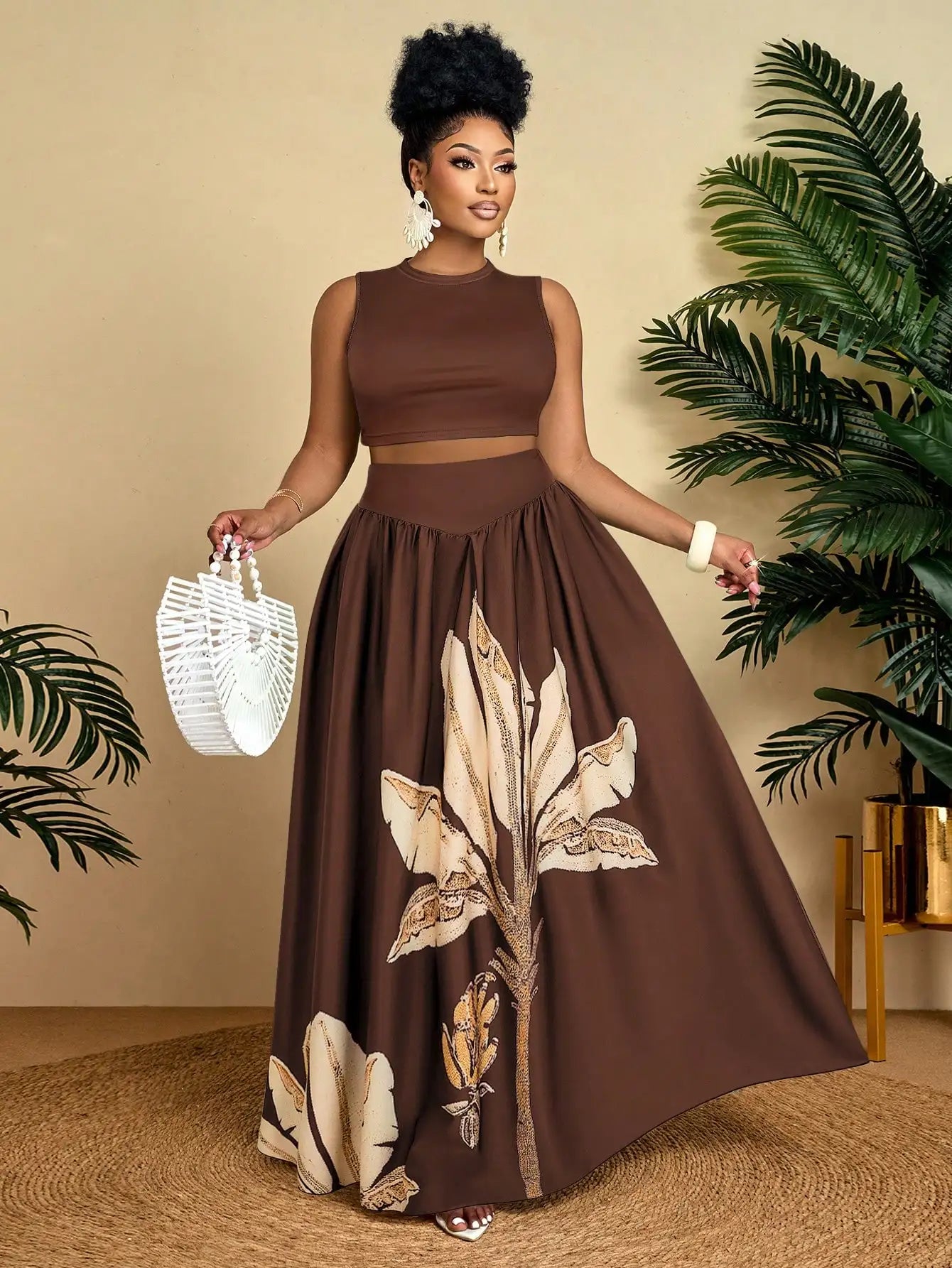 Two Piece Set Sleeveless Crop Top and Floral Maxi Skirt