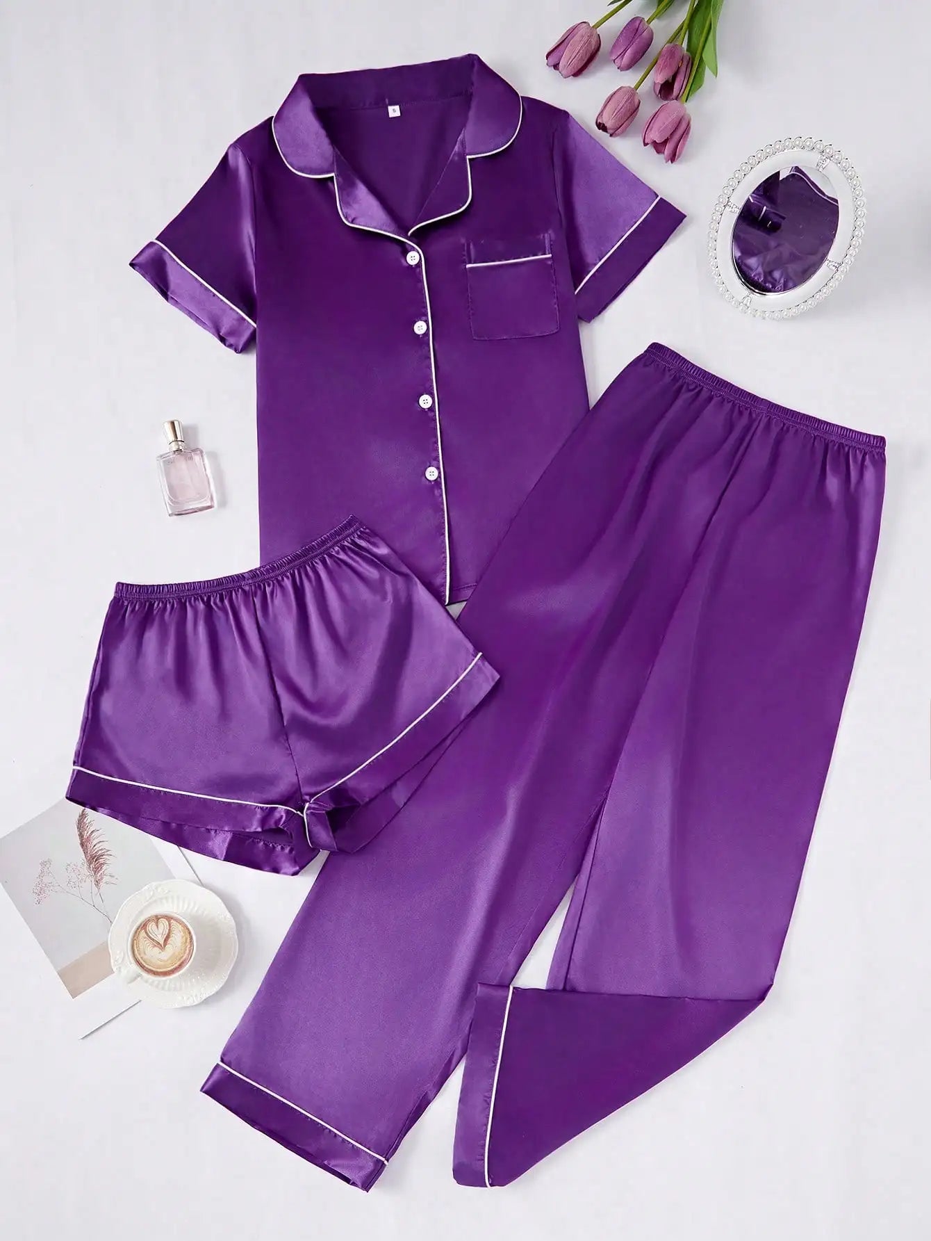 Faux Silk Pajama Set For Women Button-Down Top And Pants