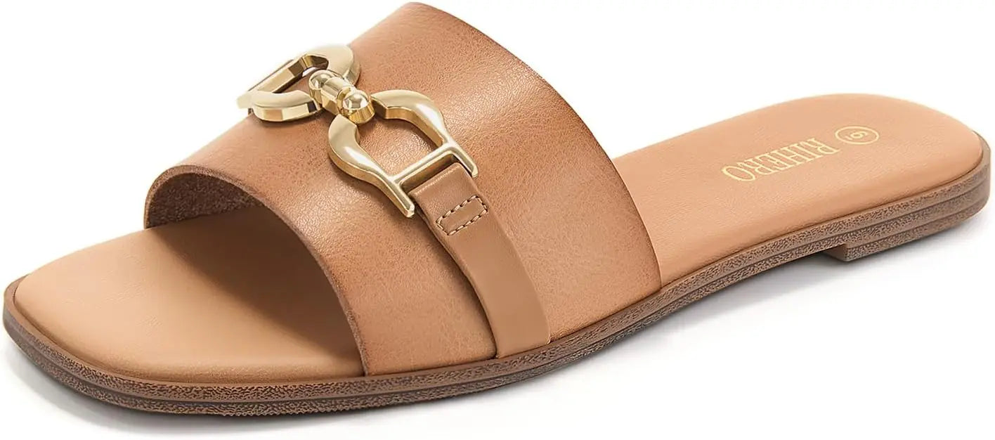 Womens Flat Sandals Memory Foam Cushioned Leather Slides