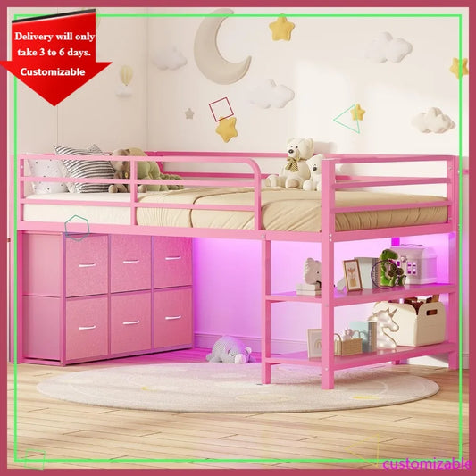 Loft Bed With LED Lights, 6 Drawers, Shelves And Guardrail