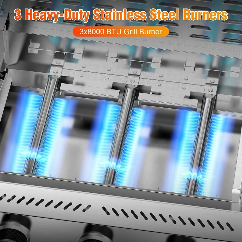 Stainless Steel 3-Burner Propane Grill With Folding Tables