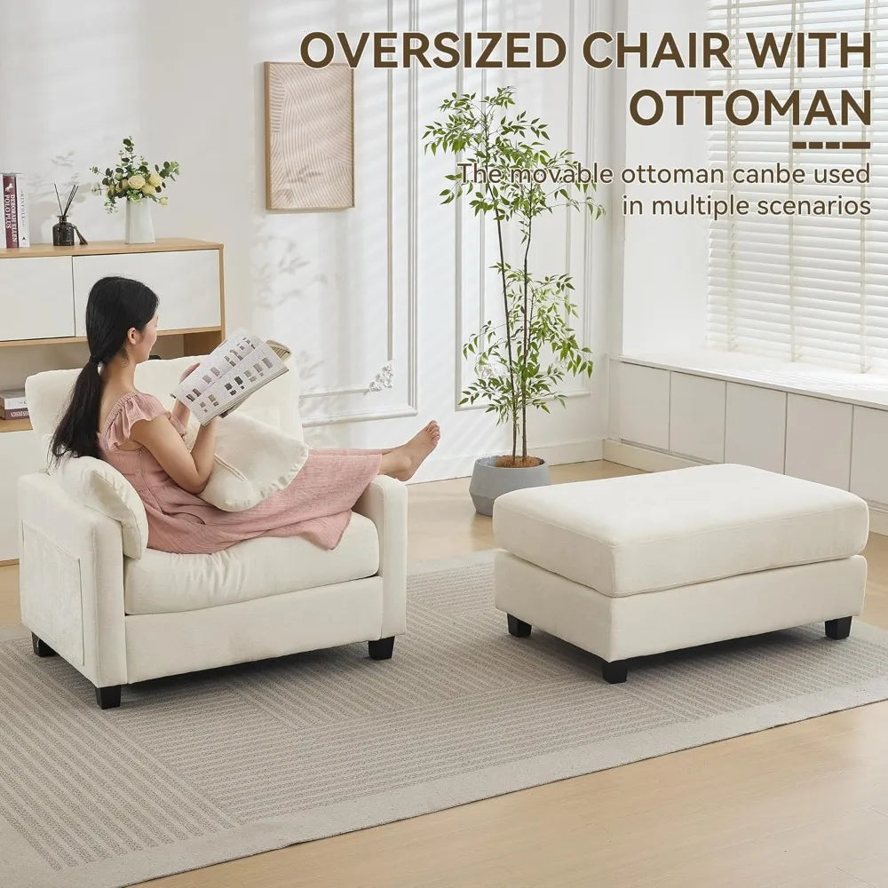 HUANZHUANG Chaise Lounge With Ottoman Chenille Upholstered Sofa Bed