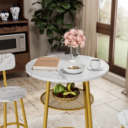 Faux Marble Dining Table Set With Chairs And Stools