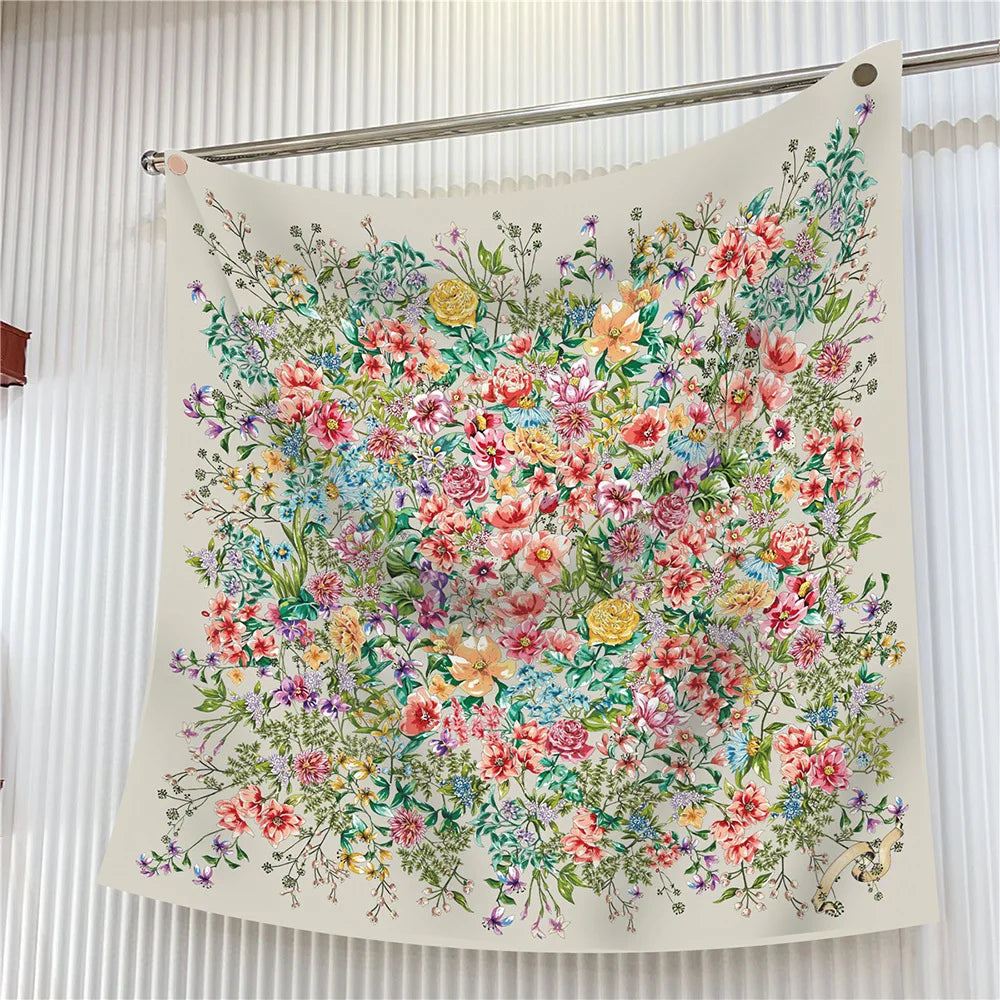 Floral Silk Twill Square Scarf Hijab Shawl For Women