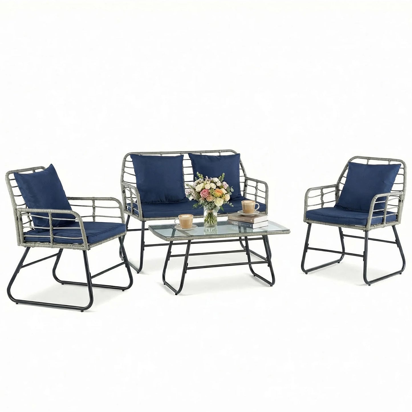 JHK Outdoor Wicker Patio Furniture Set With Glass Table