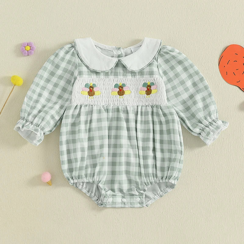 Thanksgiving Turkey Embroidered Long Sleeve Romper With Doll Collar