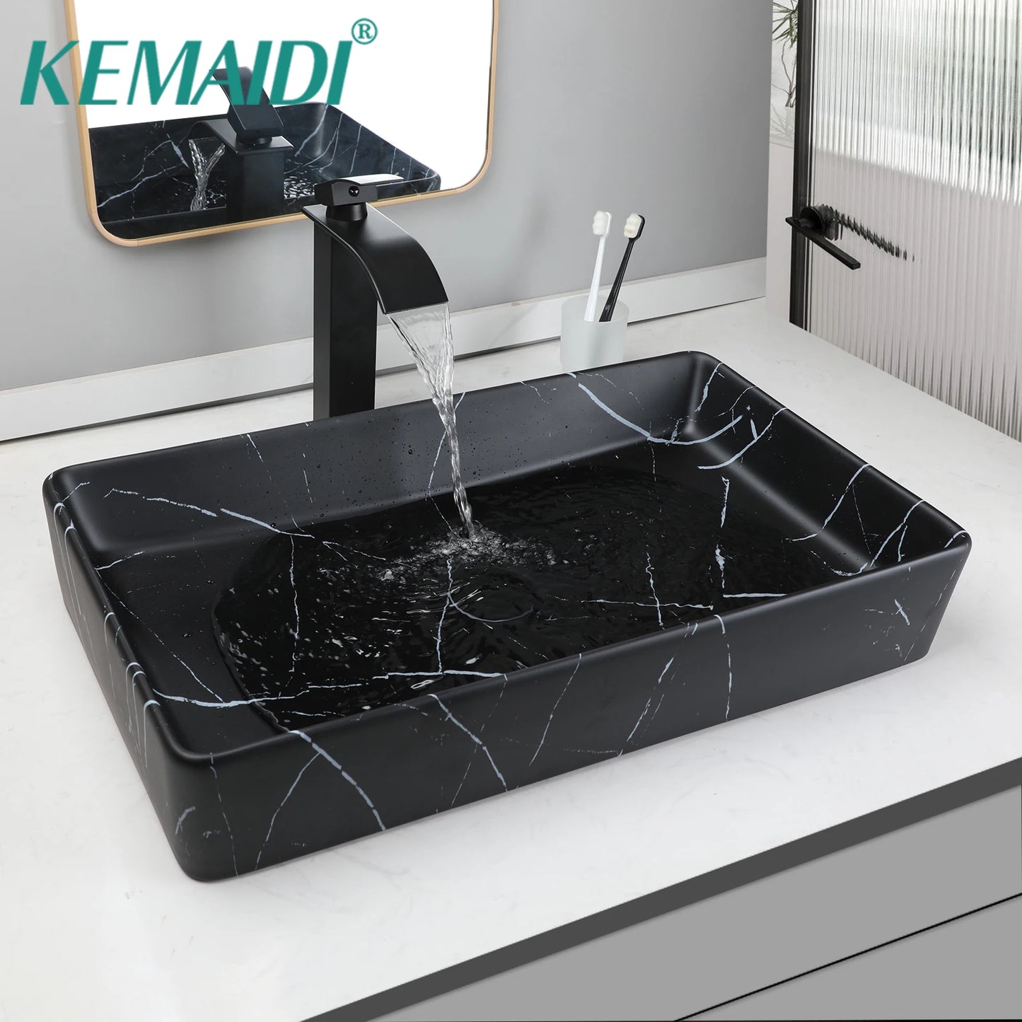 KEMAIDI Black Vanity Rectangle Marble Vessel Sink With Faucet Set