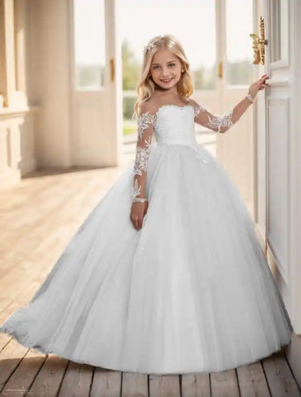 Abaowedding Lace Embroidery Sheer Long Sleeves Girls Gowns
