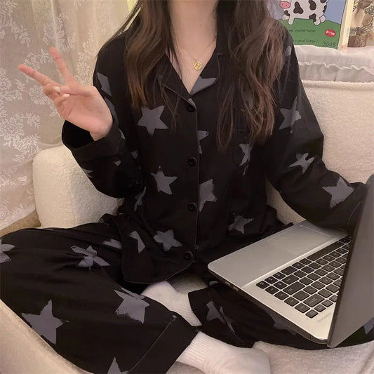 Korean Style Long Sleeve Pajama Set For Women Sleepwear Homewear