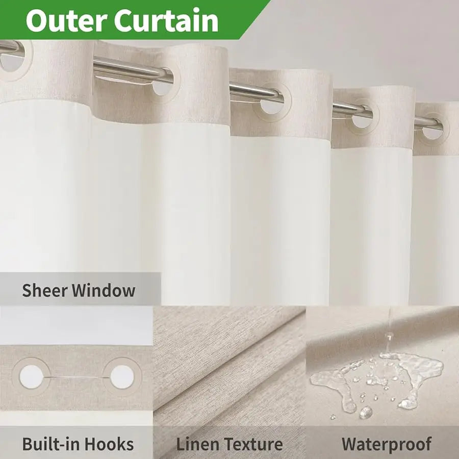 No Hooks Polyester Textured Shower Curtain With Snap-In Fabric Liner