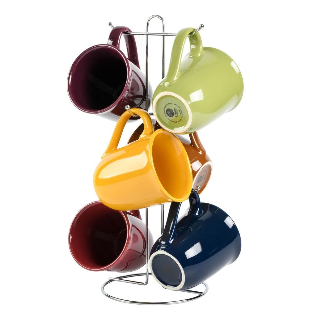 Ceramic Mug Set Of 6 With Metal Rack Microwave Safe