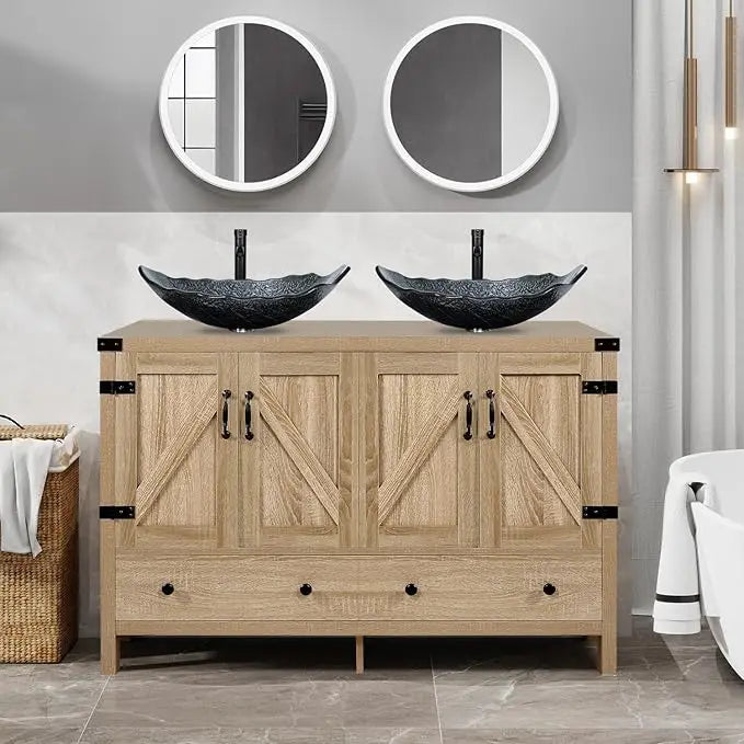 Huanzhuang Rustic Bathroom Vanity With Two Vessel Sinks
