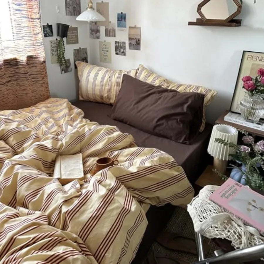 Retro Striped Duvet Cover Set Natural Cotton Bedding