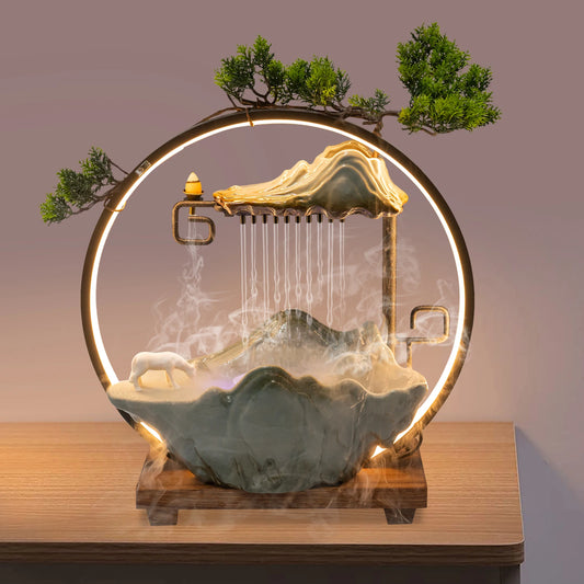 Indoor Tabletop Water Fountain With LED Mist Rockery Feng Shui Decor