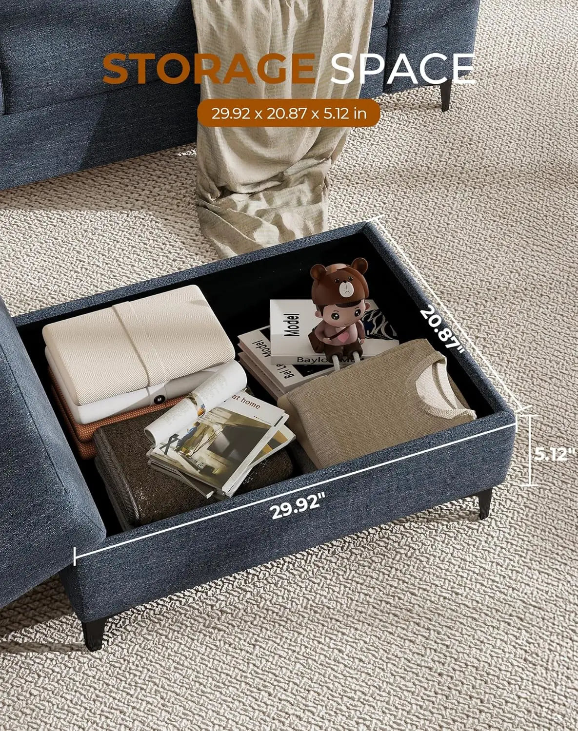 L Shaped Sectional Sofa With Storage Ottoman And Deep Cushions