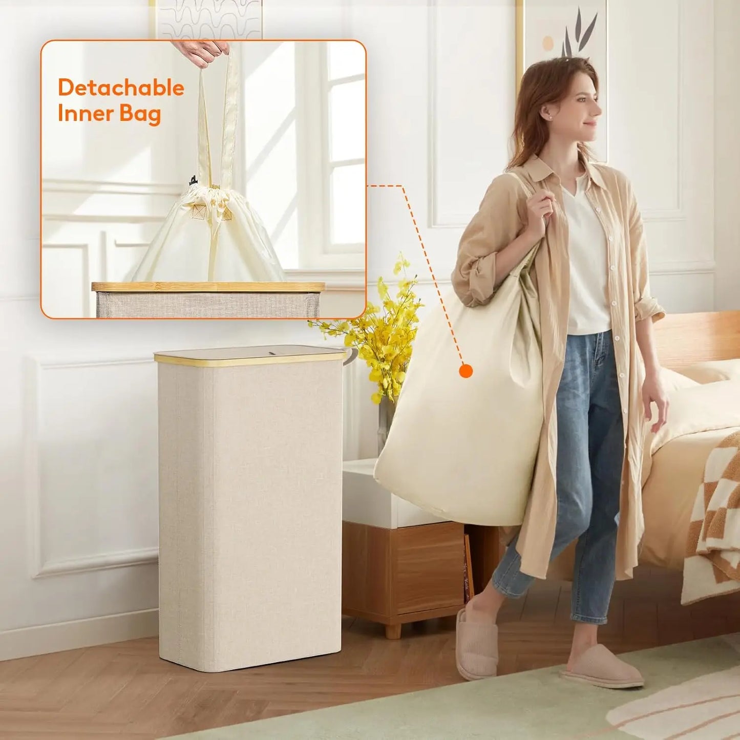 Slim Laundry Hamper With Lid Removable Bag Bamboo Handles Foldable