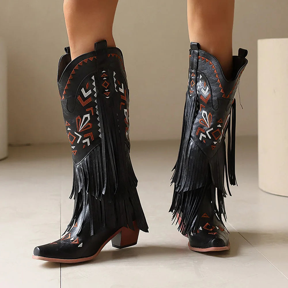 GIGIFOX Retro Tassel Embroidered Cowgirl Western Boots MidCalf