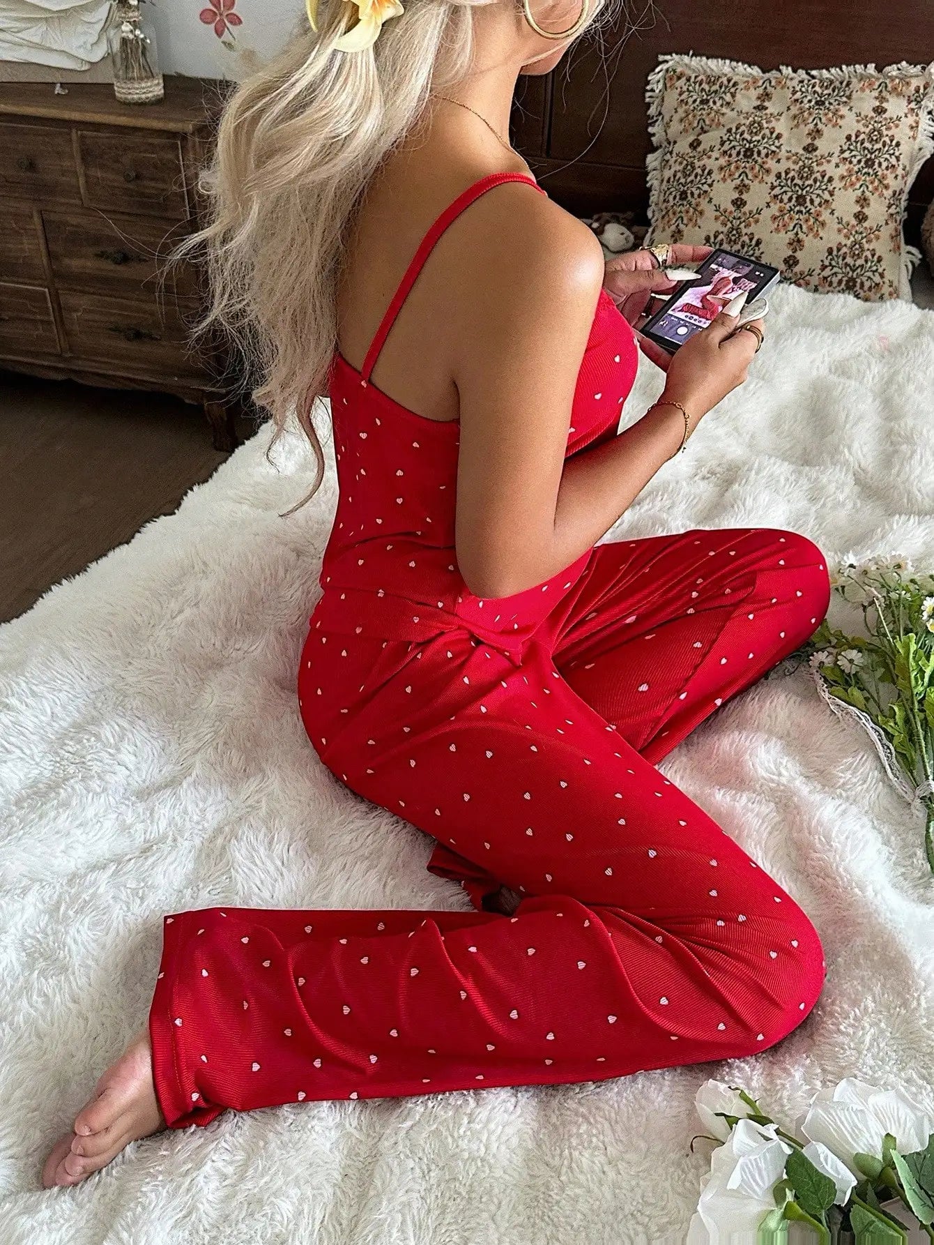 Women's Heart Print Lace Trim Camisole Pajama Set Comfort