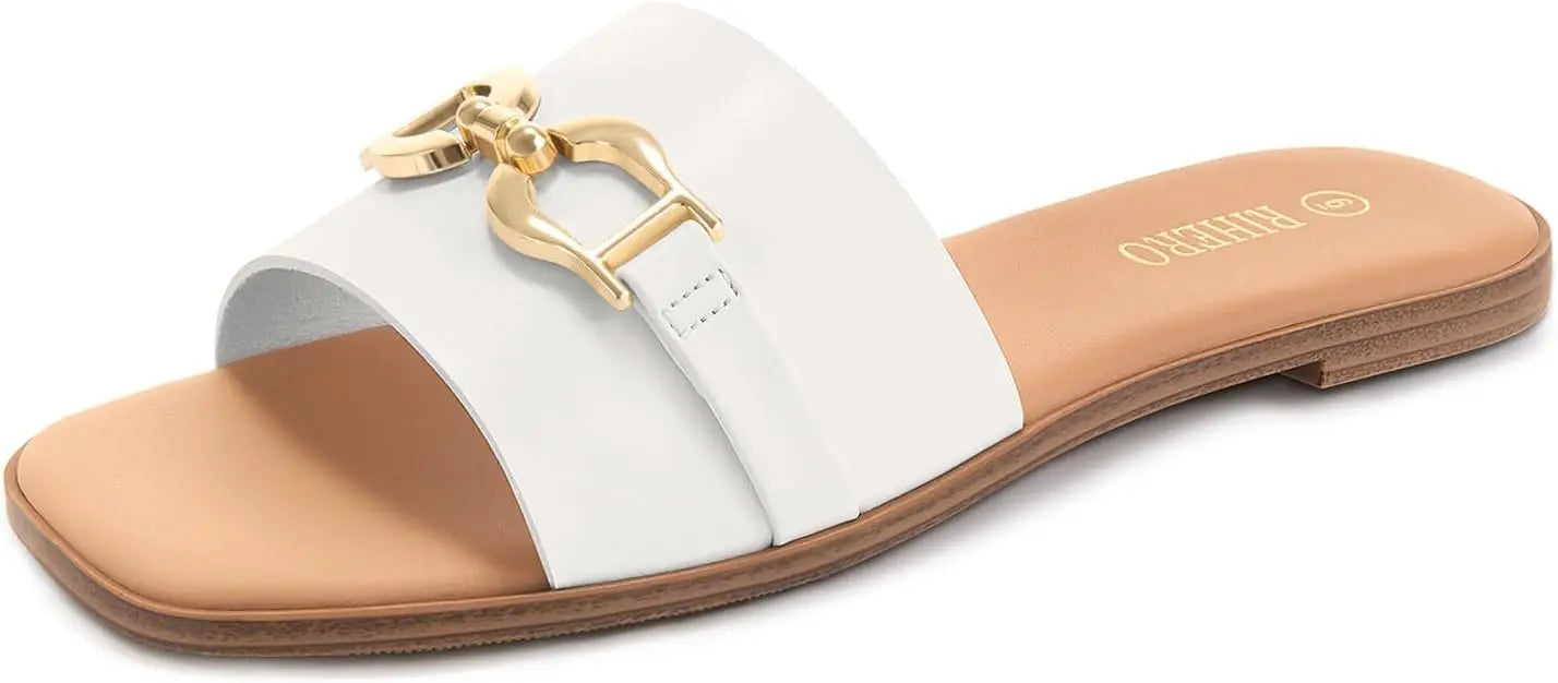 Womens Flat Sandals Memory Foam Cushioned Leather Slides