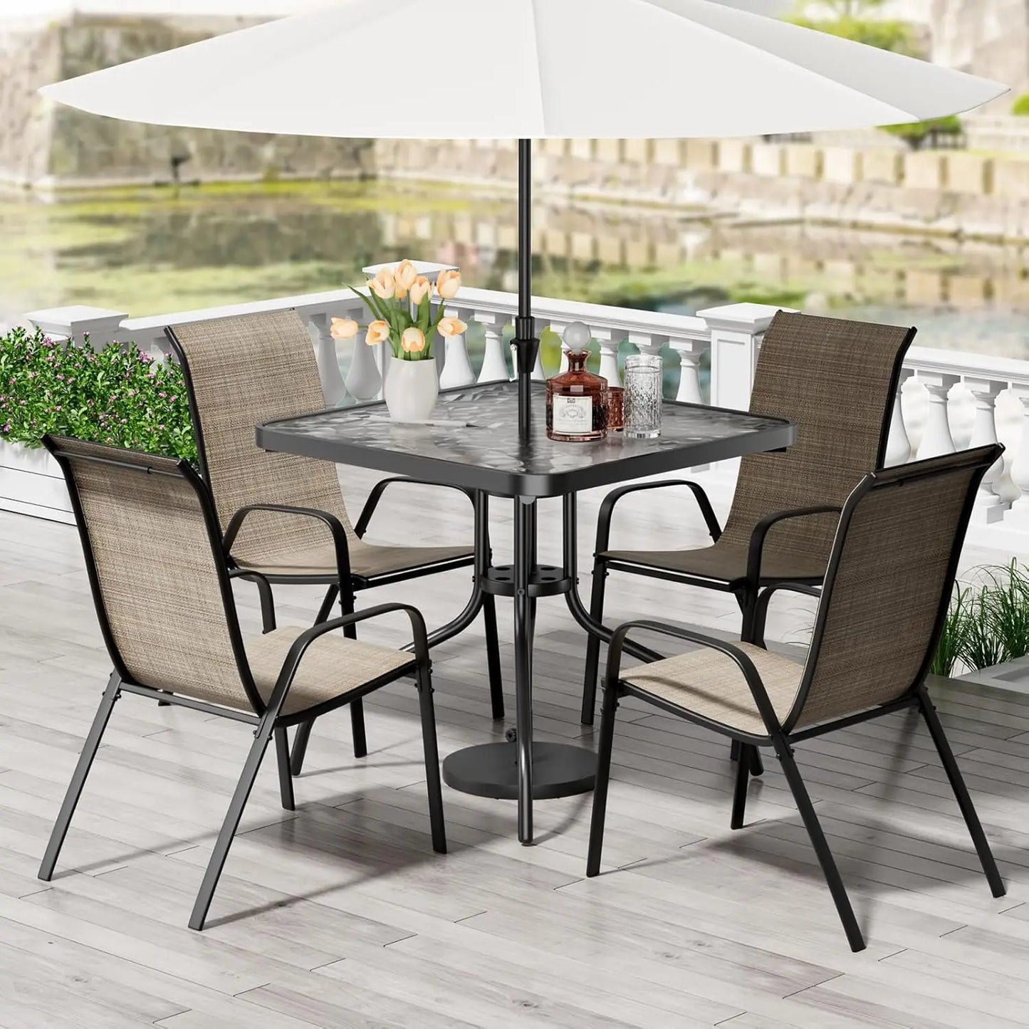 All Weather Patio Dining Set With Table And Four Textilene Chairs