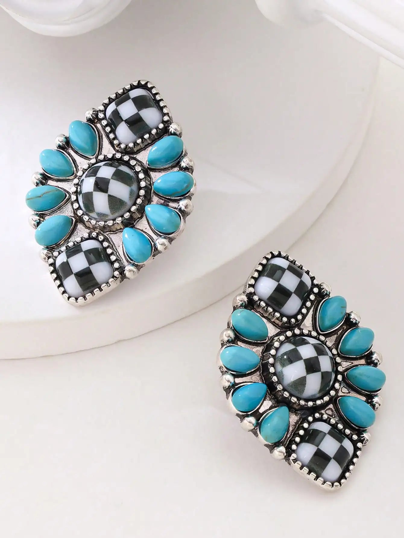 Checkerboard Stud Earrings With Iridescent Stones