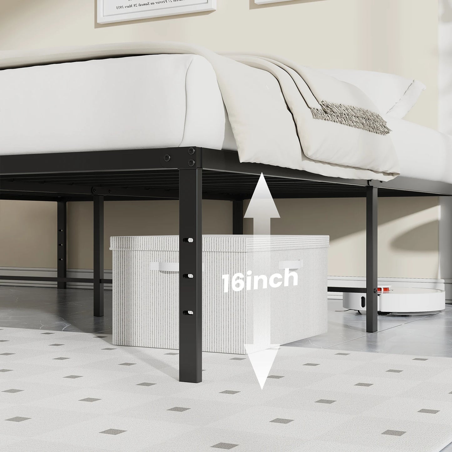 MCQ Platform Bed Frame With Storage Sturdy Slat Support