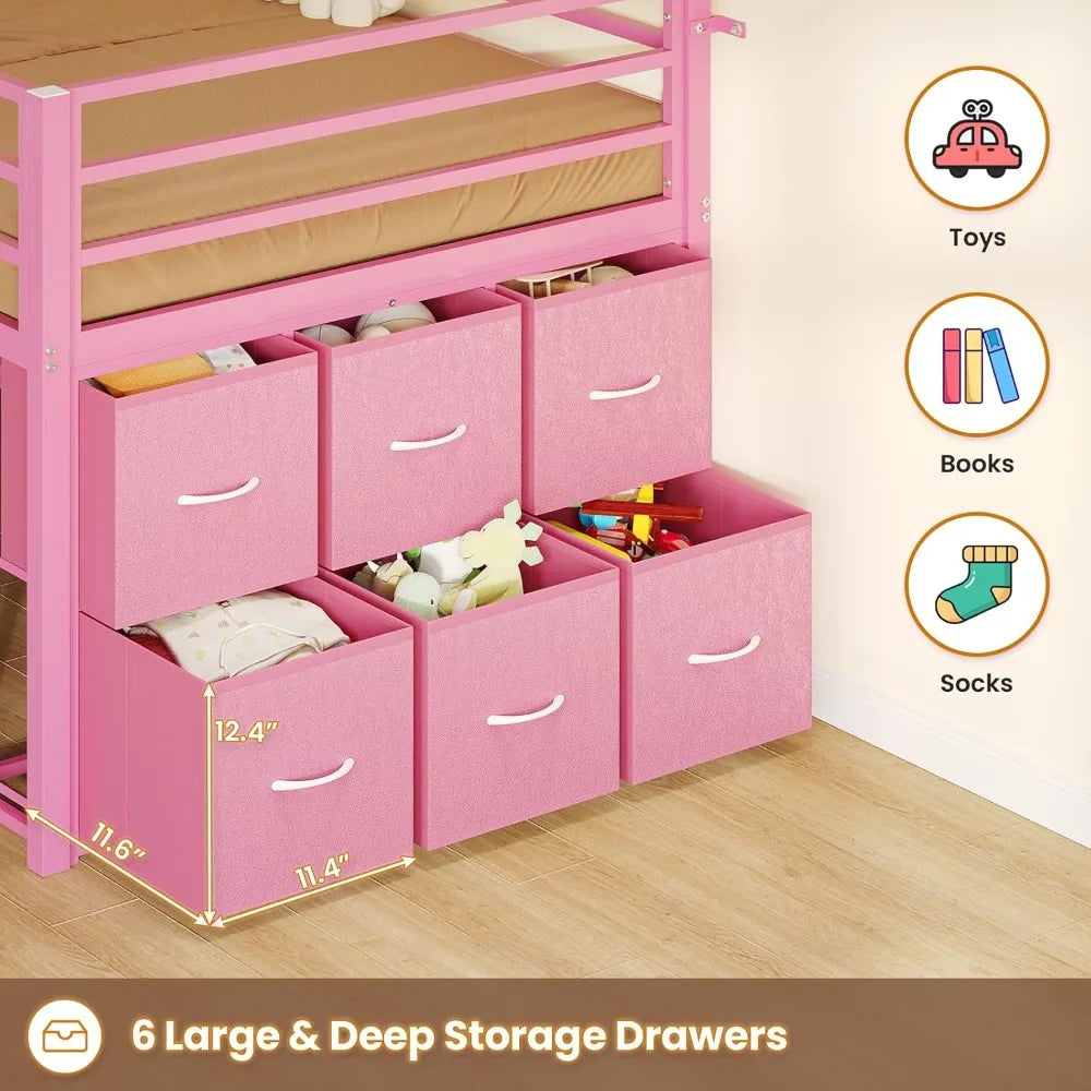Loft Bed With LED Lights, 6 Drawers, Shelves And Guardrail