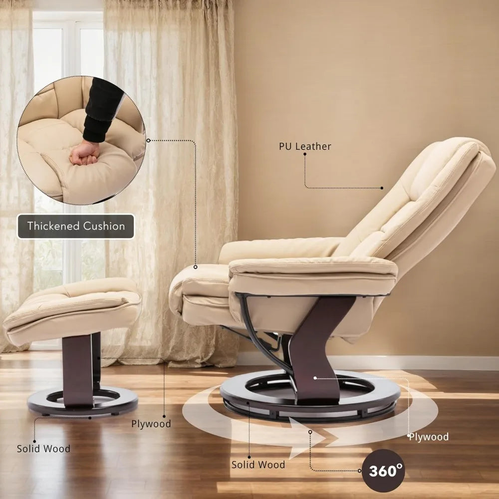 ZHUXIANG Argus Swivel Recliner With Ottoman PremiumPULeatherAndWoodBase Footrest Comfort