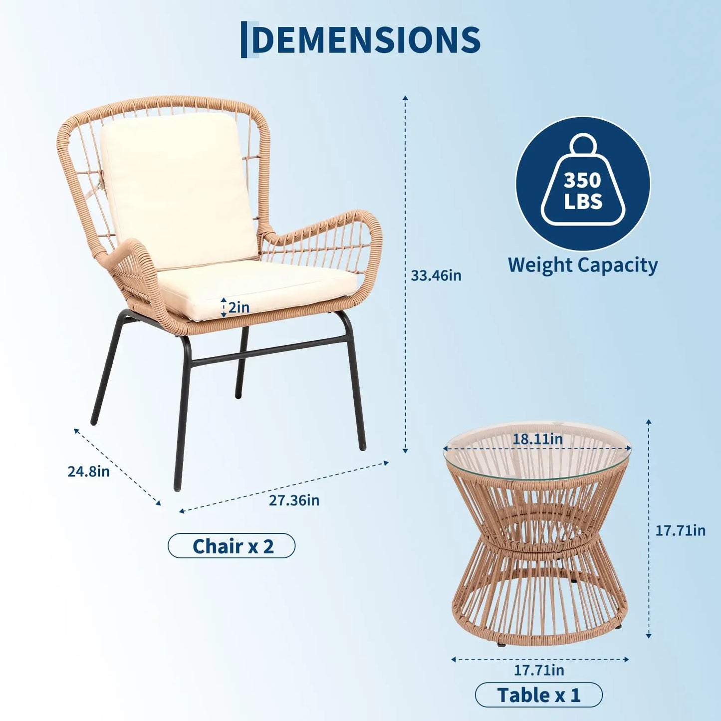 HobbyLane Boho 3-Piece Outdoor Patio Rattan Set With Glass Table