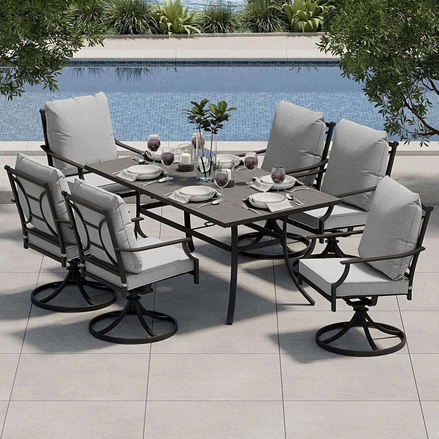 Grand Patio Set With Olefin Cushions And Faux Woodgrain Table