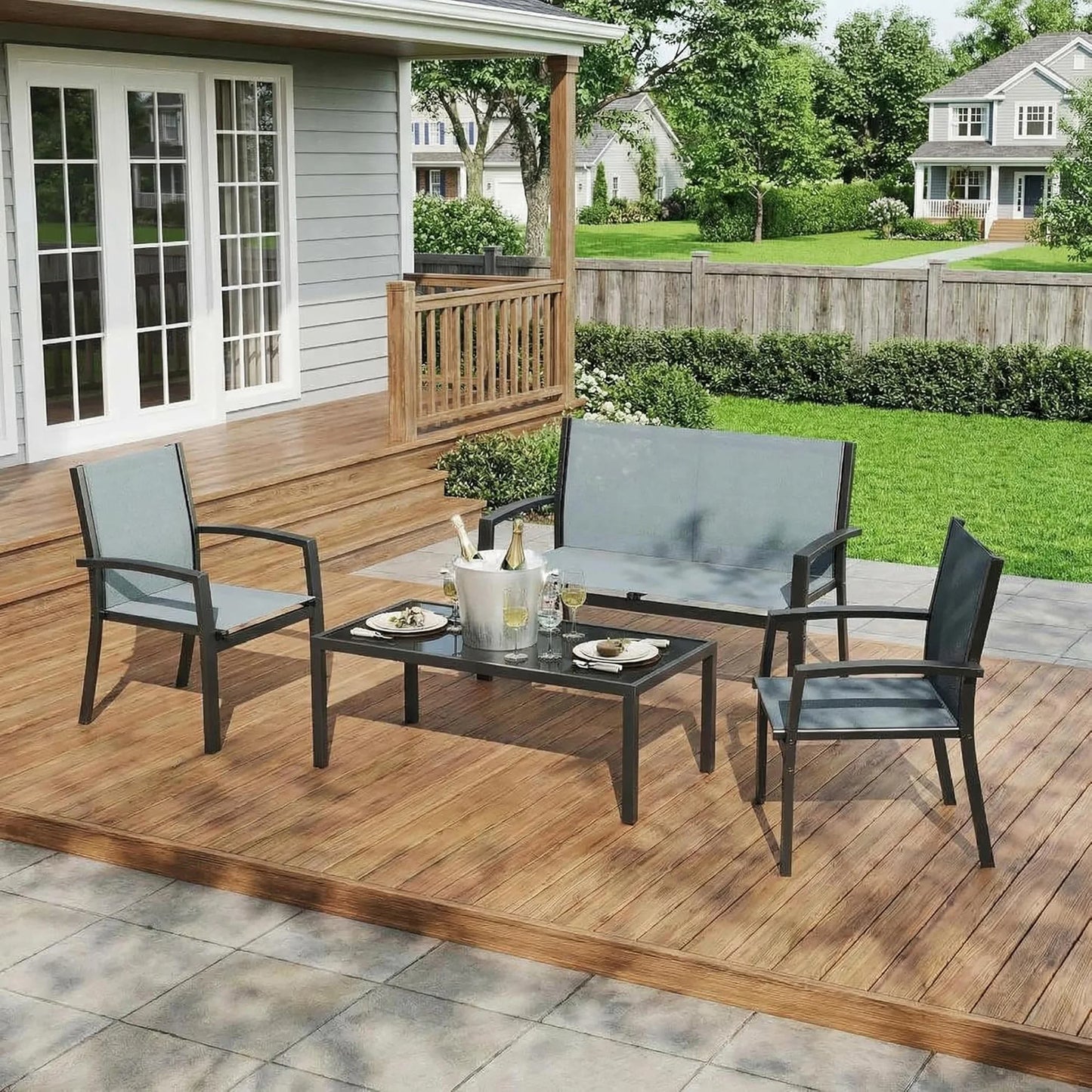 HobbyLane Modern 4-Piece Metal Patio Set With Textilene Mesh