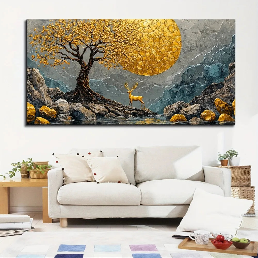 Hign-concerned Pine Wood Frame Abstract Yellow Tree And Deer Wall Art