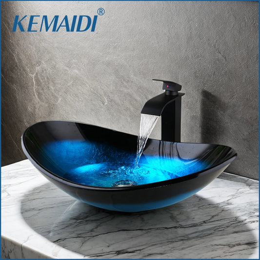 KEMAIDI Tempered Glass Vessel Sink With Waterfall Faucet