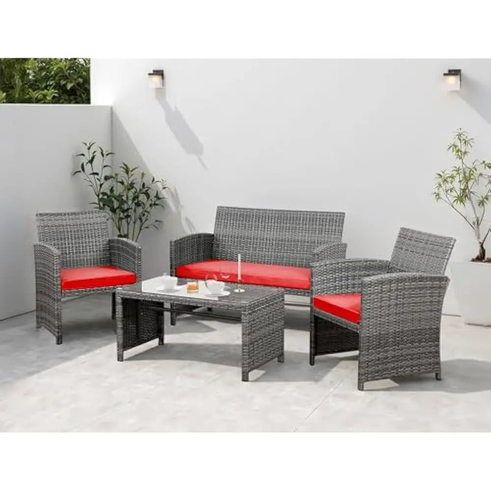 Folded Rattan Patio Set 4 Piece Outdoor Furniture Cushions