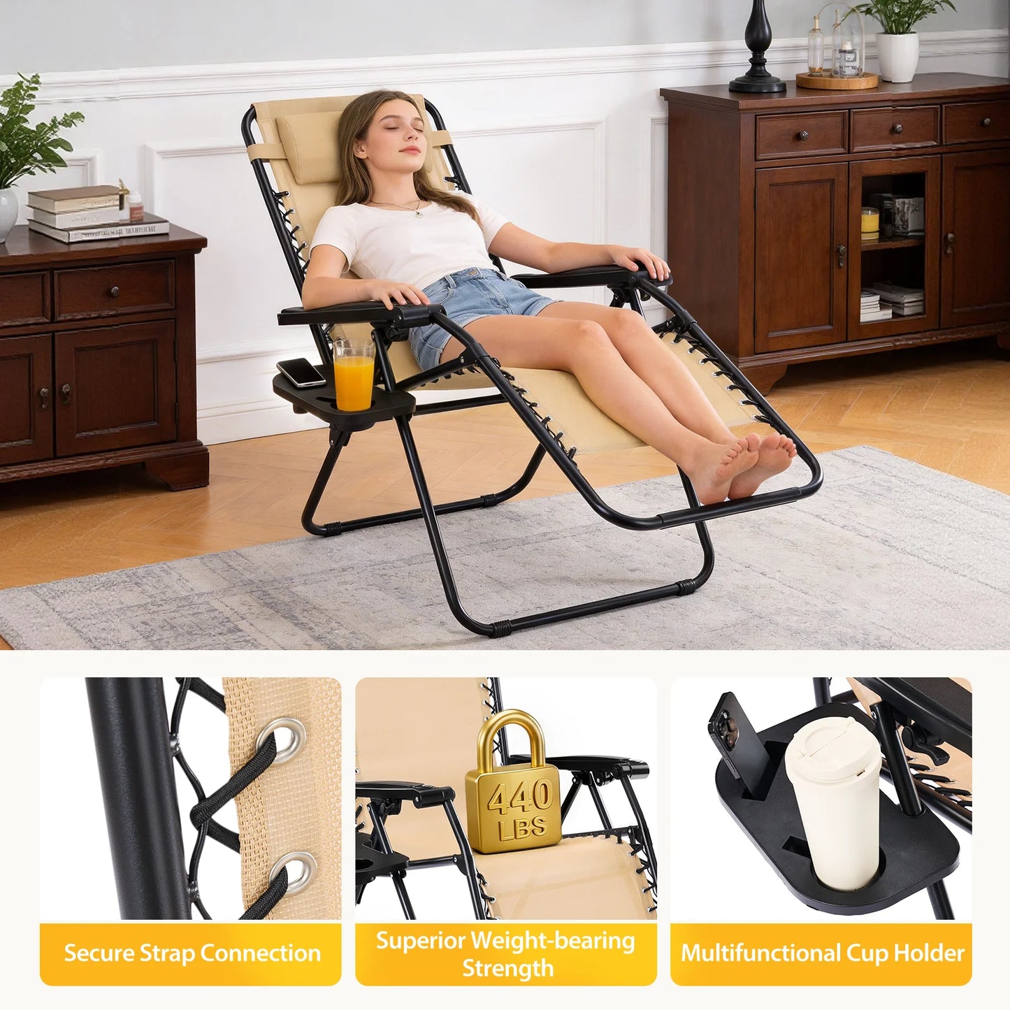 JHK Portable Zero Gravity Recliners Set Of 2 With Cup Holder Trays