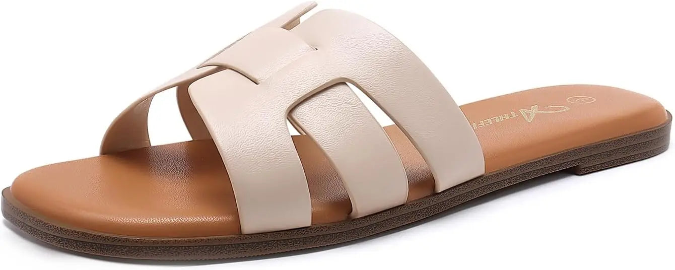 NONECN Flat Leather Slip-On Sandals For Summer Comfort