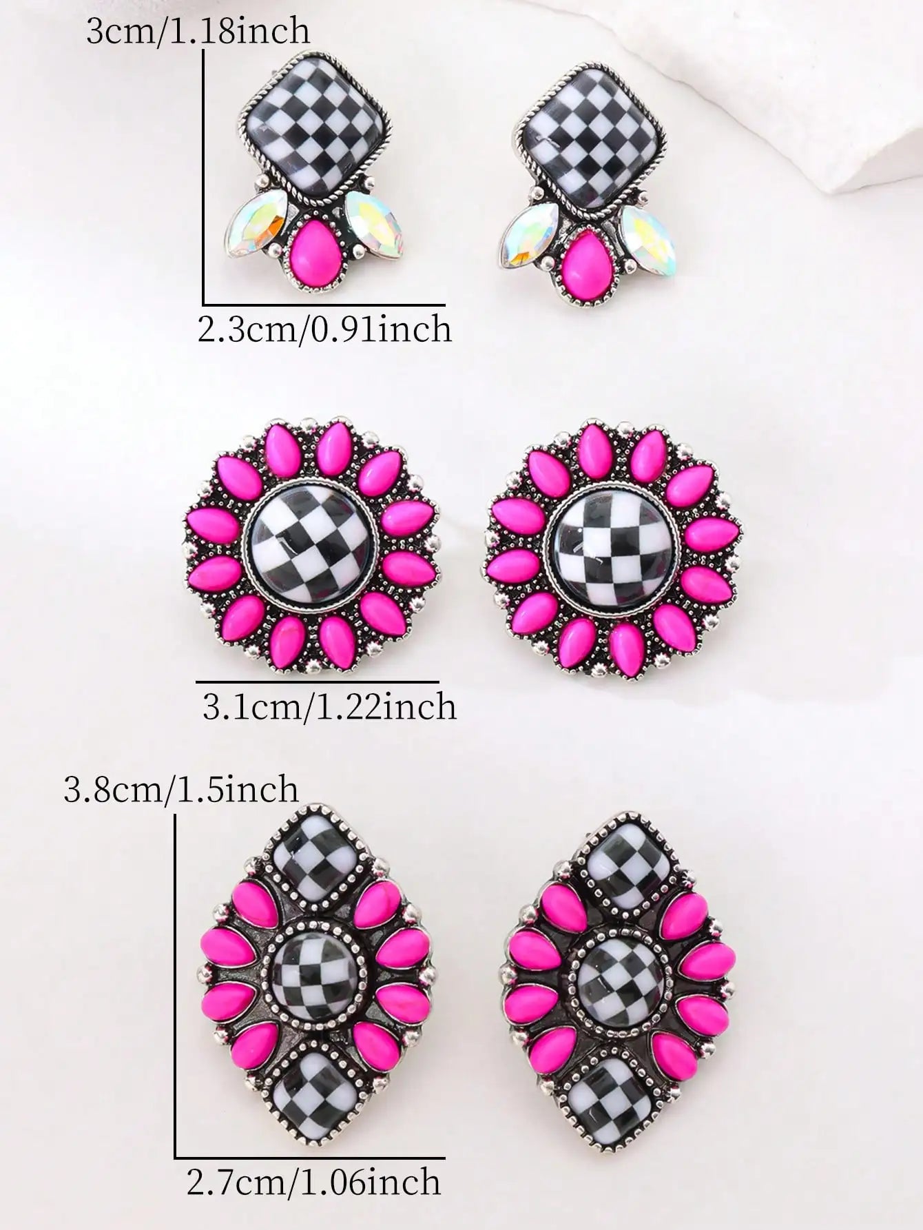 Checkerboard Stud Earrings With Iridescent Stones