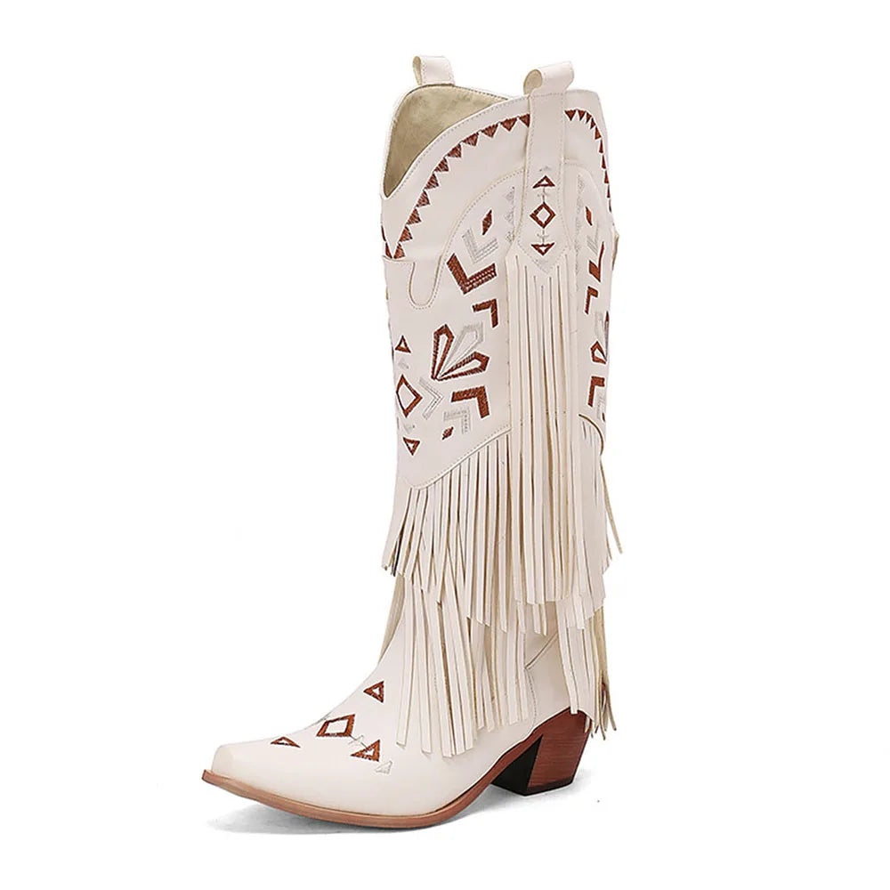 GIGIFOX Retro Tassel Embroidered Cowgirl Western Boots MidCalf