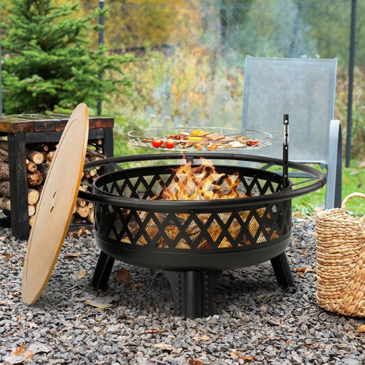 DAFIFY Round Outdoor Fire Pit With Grill And Metal Lid