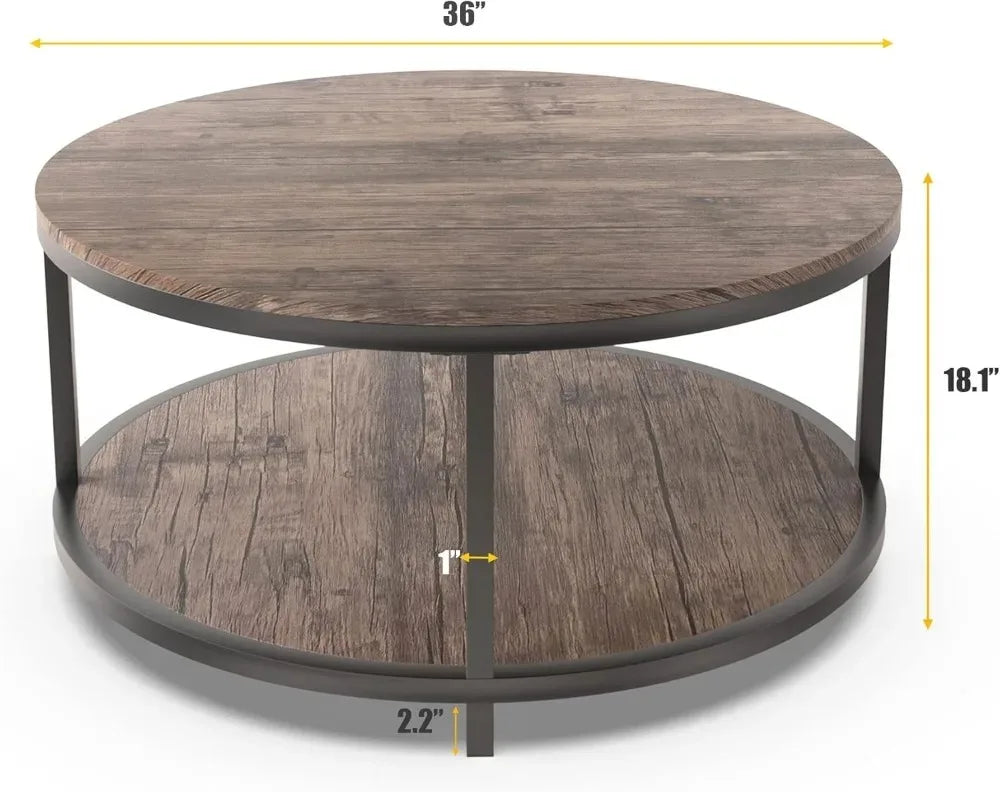 Round Coffee Table With Storage Shelf Wood Top Metal Legs