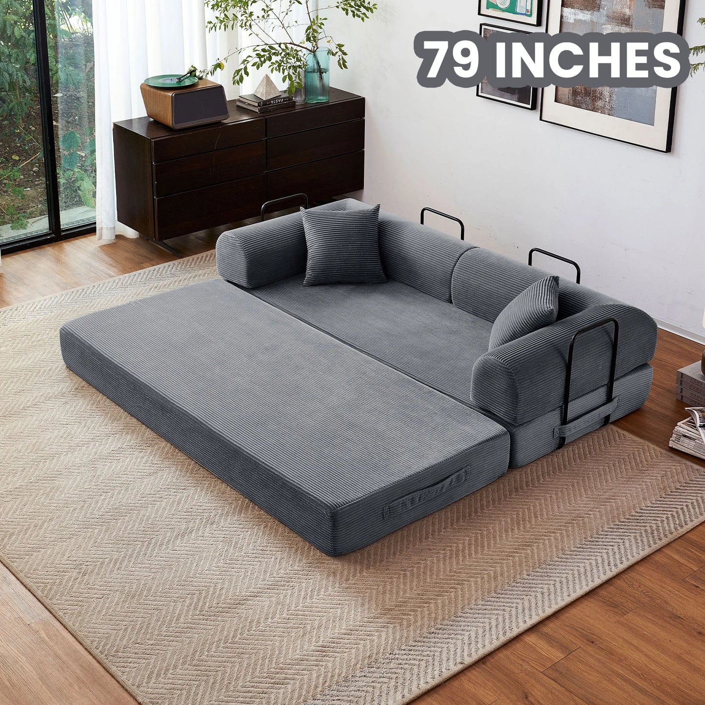 Foldable Convertible Futon Sofa Bed With L-Shaped Armrests Living Room