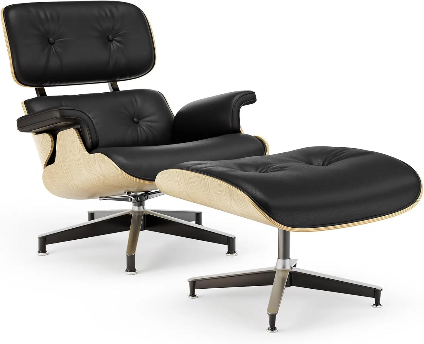 ZHUXIANG Grain Leather Mid Century Chaise Lounge Chair And Ottoman Ash Wood Base