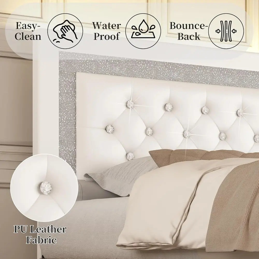 Upholstered Queen Bed Frame With Adjustable Headboard And LED Lights