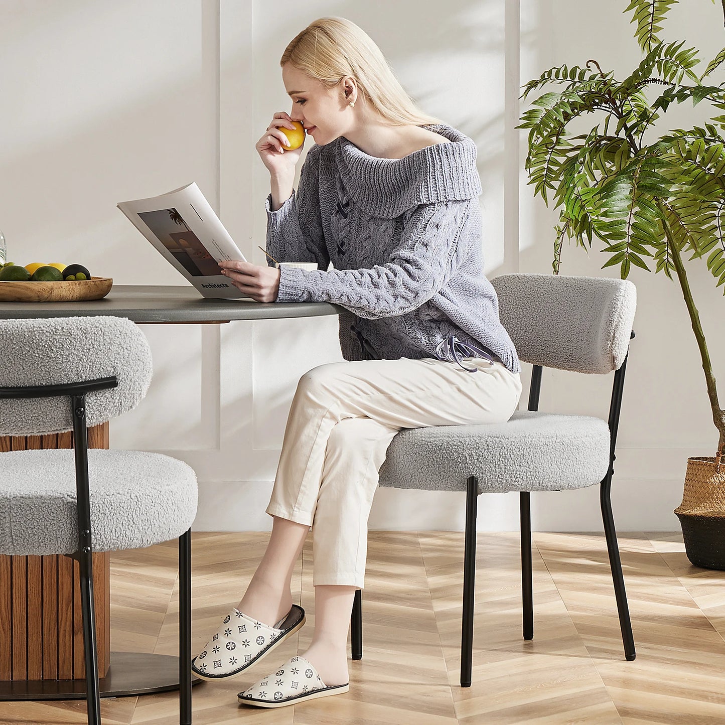 JHK Ergonomic Round Dining Chairs, Plush Fabric, 2-Pack, Metal Legs