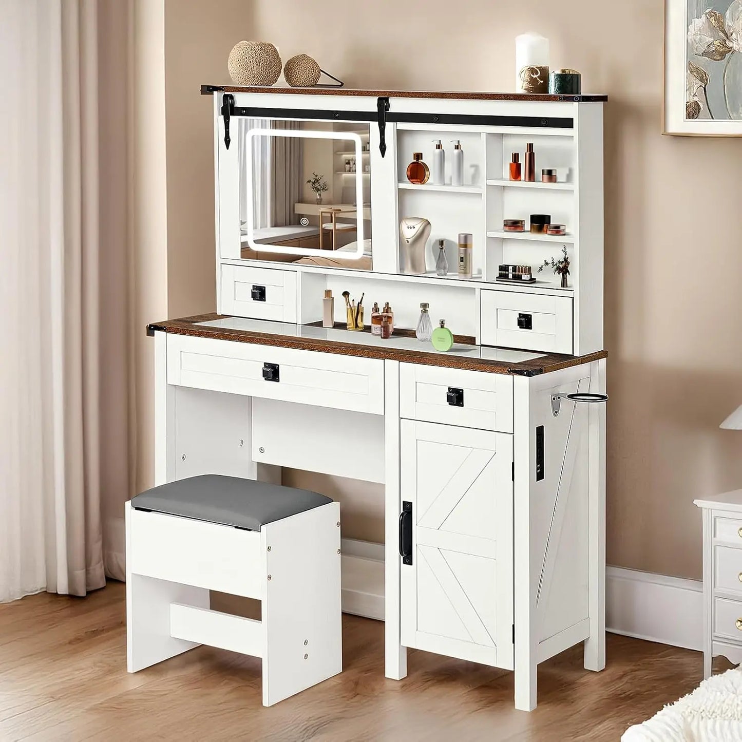 Redlife Farmhouse Vanity Desk Glass Tabletop Stool Lights