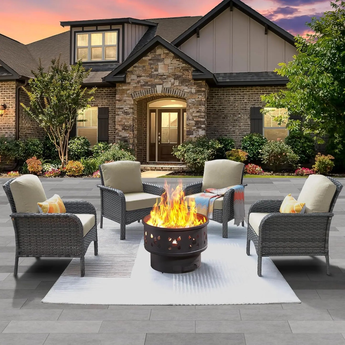 Folded 4-Piece Patio Set With Fire Pit Table And Chairs