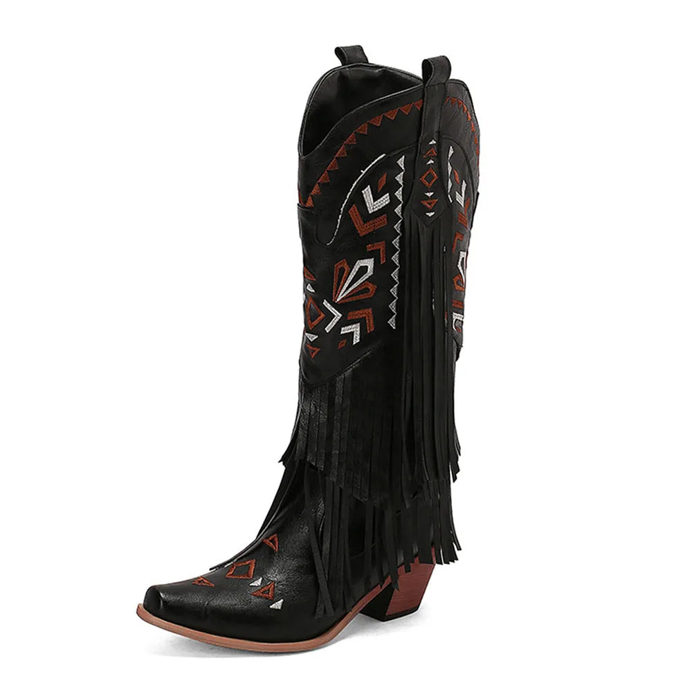 GIGIFOX Retro Tassel Embroidered Cowgirl Western Boots MidCalf