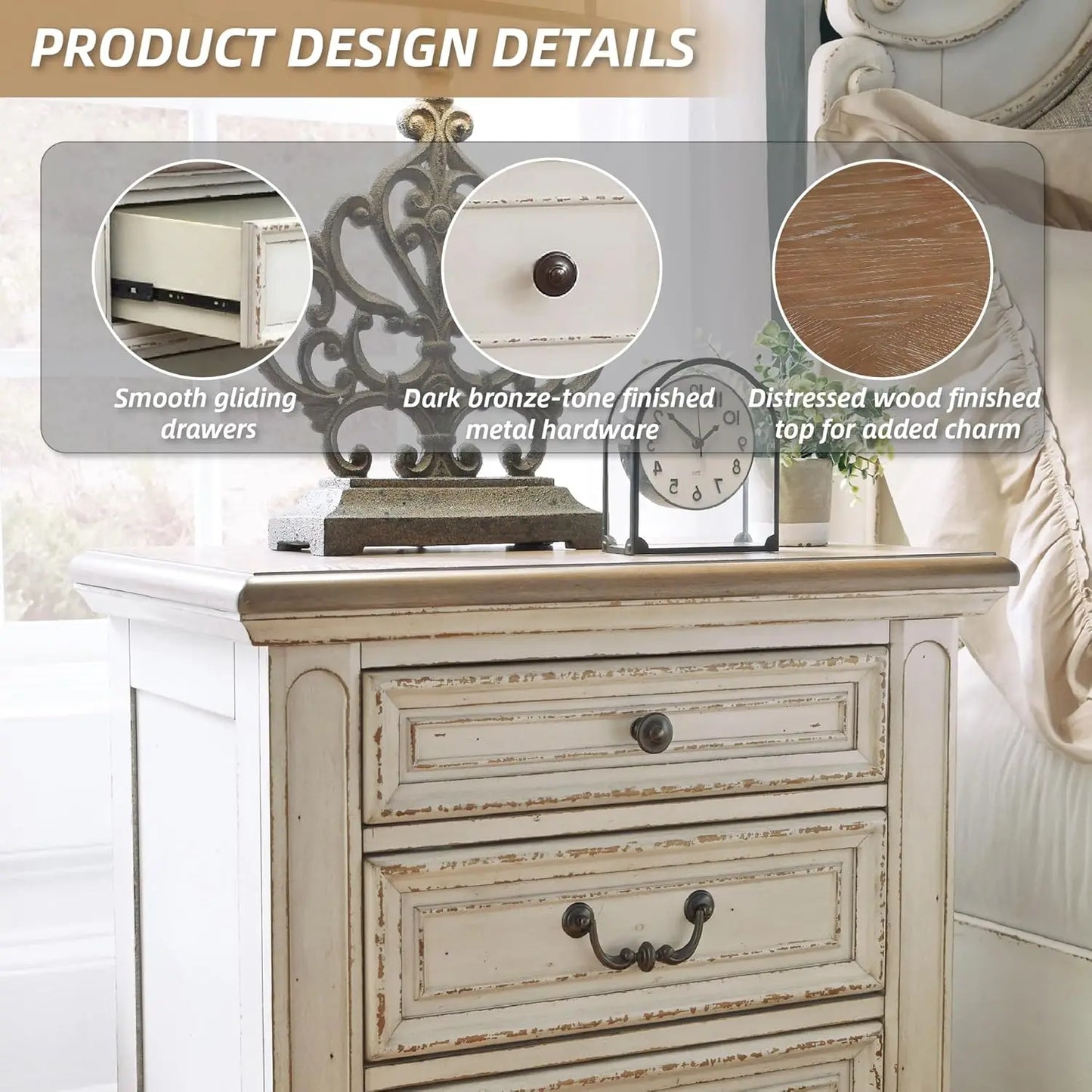 French Country 3 Drawer Nightstand Electrical Outlets USB Ports