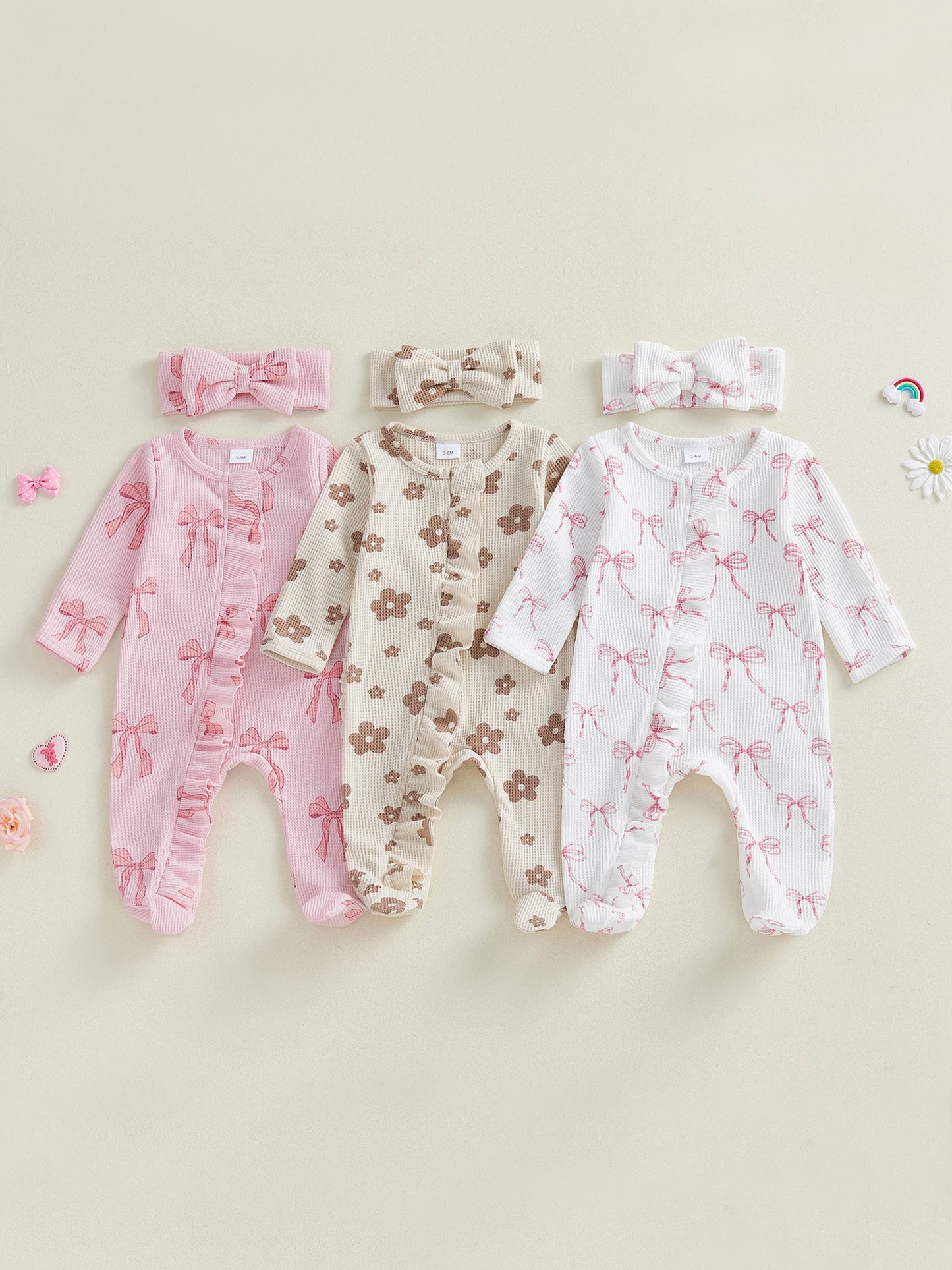 Adorable Baby Girl Floral Print Footie Jumpsuit With Headband