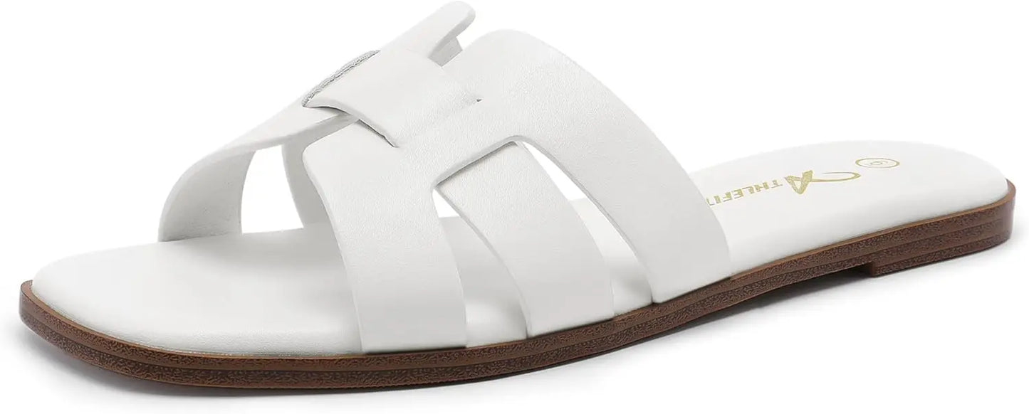 NONECN Flat Leather Slip-On Sandals For Summer Comfort